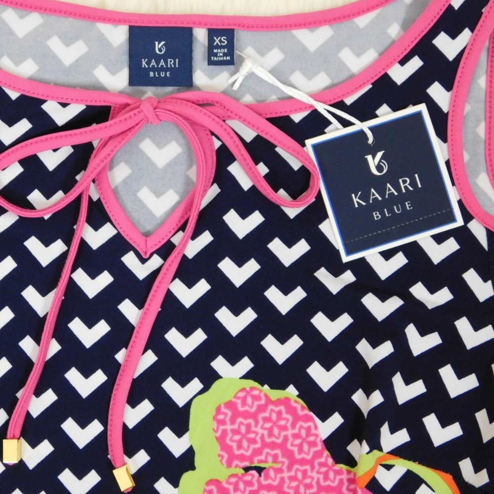 KAARI BLUE Cold Shoulder Shift Dress XS Navy Pink Stretch Knit Preppy Tropical - Picture 4 of 8